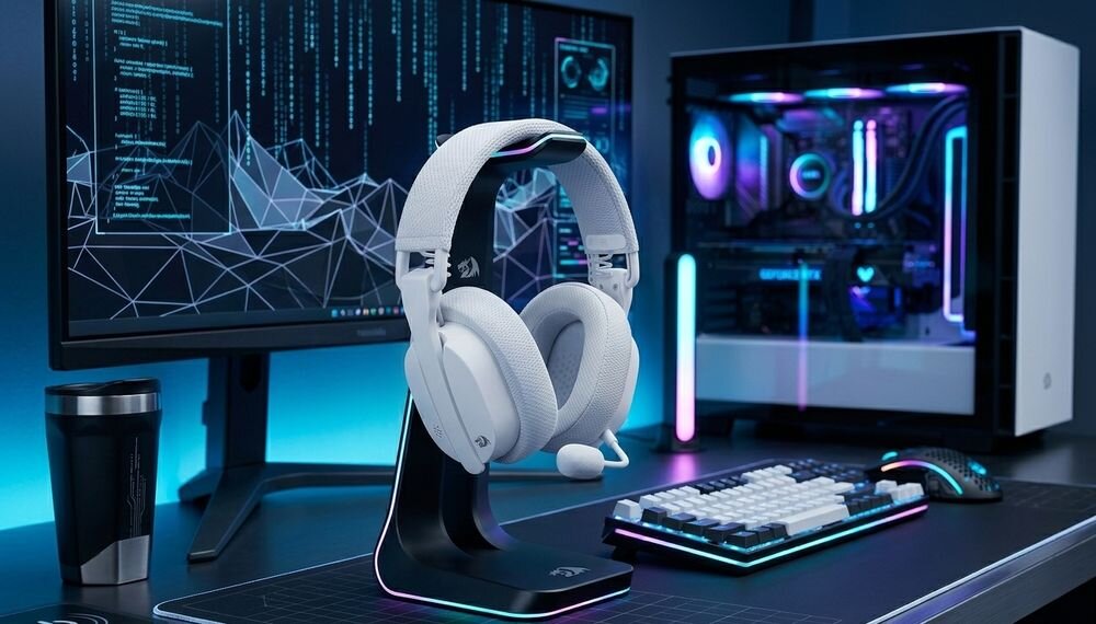 Słuchawki REDRAGON H888W Luce dźwięk 7.1 pasmo 20-20000 Hz gaming przestrzenny, słuchawki zawieszone na stojaku stojące na biurku gamingowym