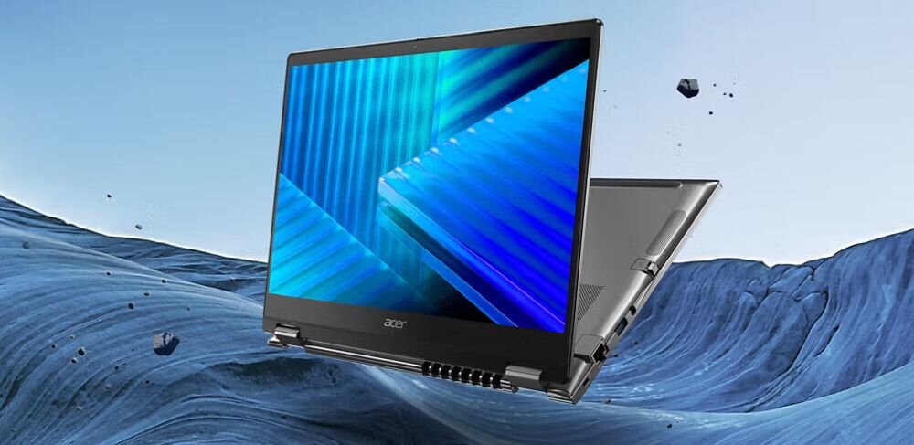 Laptop Acer TravelMate Spin prezentuje obrotową konstrukcję 2w1 na futurystycznym niebieskim tle podczas mobilnej pracy biznesowej.