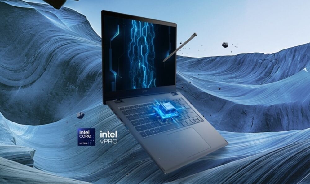 Laptop Acer TravelMate Spin z procesorem Intel Core Ultra vPro i rysikiem prezentuje funkcje AI na futurystycznym tle.