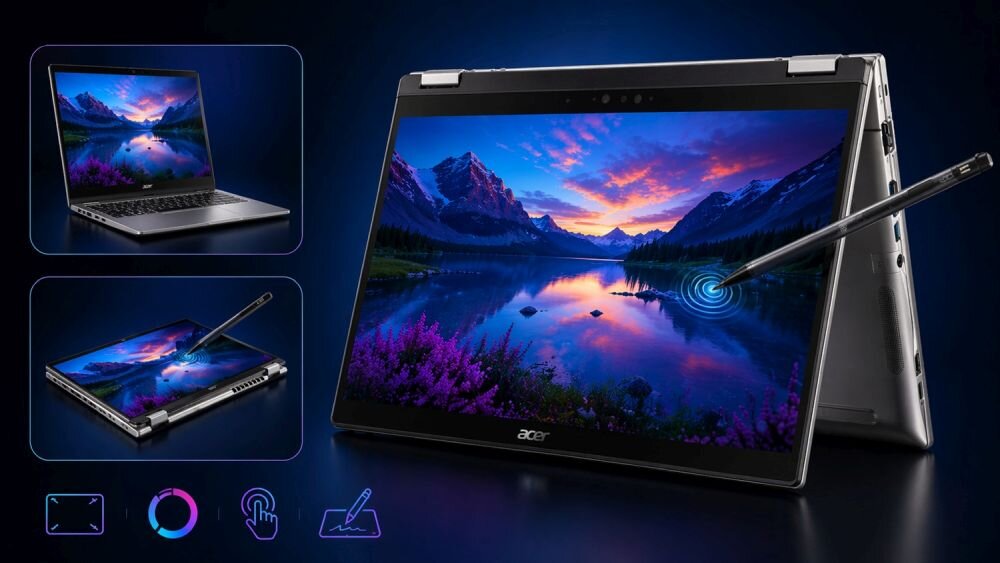 Laptop Acer TravelMate Spin z ekranem dotykowym i rysikiem pokazuje tryby pracy 2w1 podczas tworzenia notatek i projektów.