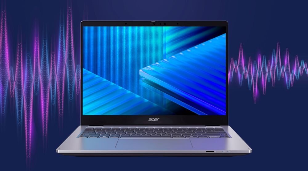 Laptop Acer TravelMate z technologią PurifiedVoice wyświetla fale dźwiękowe wokół ekranu podczas prowadzenia rozmów online i pracy zdalnej.