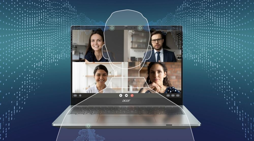 Laptop Acer TravelMate z kamerą AI prowadzi wideokonferencję z czterema uczestnikami podczas pracy hybrydowej i spotkań biznesowych.