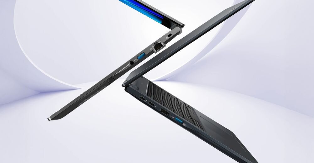 Laptop Acer TravelMate Spin z portami USB-C, HDMI, RJ-45 i USB-A prezentuje zestaw złączy na smukłej obudowie podczas pracy biznesowej.