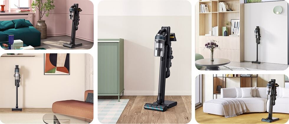 Odkurzacz VS20C954FTB/GE jet 95 w domowej przestrzeni Odkurzacz Samsung VS20C954FTB/GE seria 95 na tle różnych aranżacji