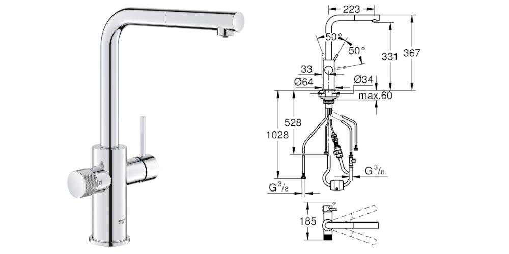 Obraz przedstawia chromowaną baterię kuchenną z dźwignią po boku oraz schemat techniczny z wymiarami i oznaczeniami montażowymi. Na baterii widoczne jest logo \'GROHE\'.