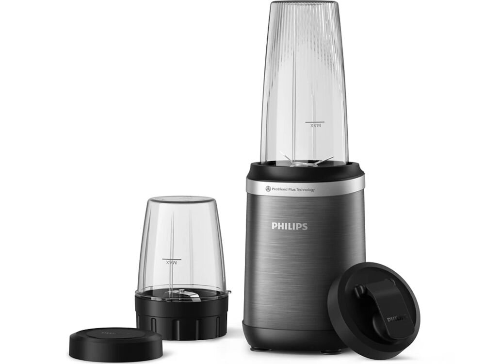 Na obrazie widoczny jest blender kielichowy marki Philips z dwoma pojemnikami i dwoma pokrywkami. Na obudowie blendera znajduje się napis \'PHILIPS\'.