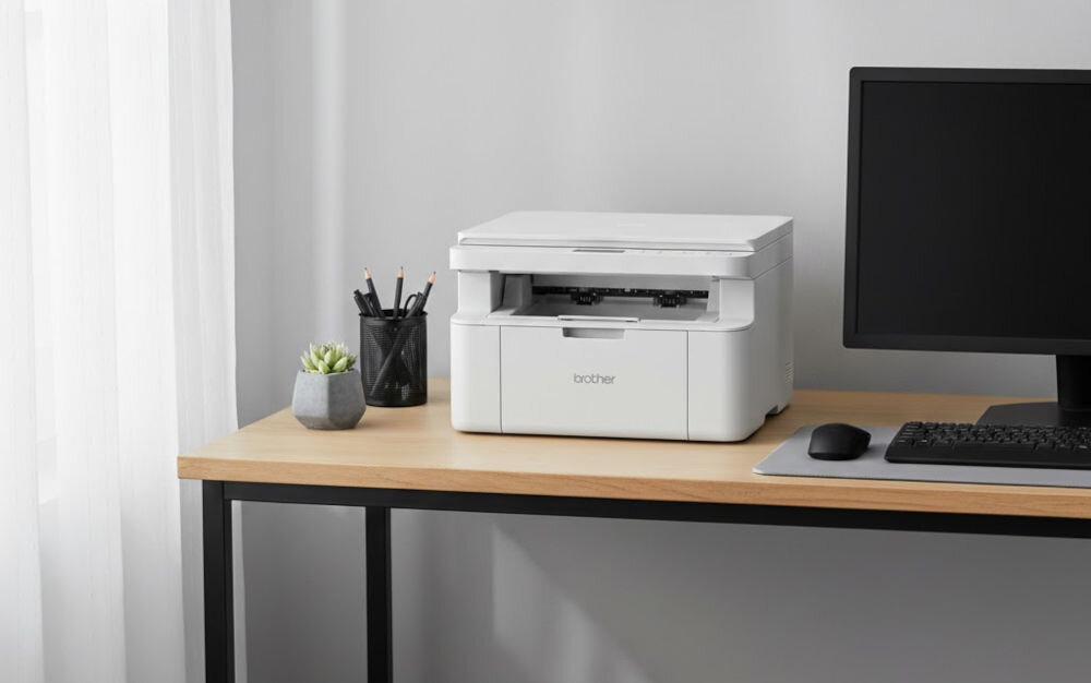 Urządzenie wielofunkcyjne BROTHER DCP-L1630W Wi-Fi prezentacja urządzenia w jasnym pokoju na biurku obok monitor i akcesoria komputerowe