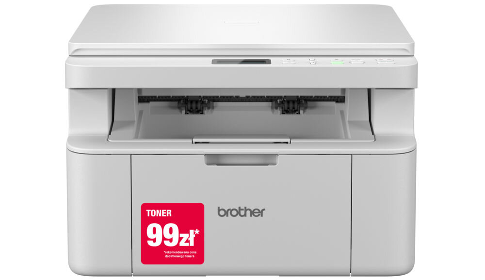 Urządzenie wielofunkcyjne BROTHER DCP-L1630W Wi-Fi prezentacja urządzenia na białym tle od przodu z naklejoną naklejką elastyczność w połączeniu port Fast Ethernet łączność bezprzewodowa Wi-Fi pasma 2,4 5 GHz port USB