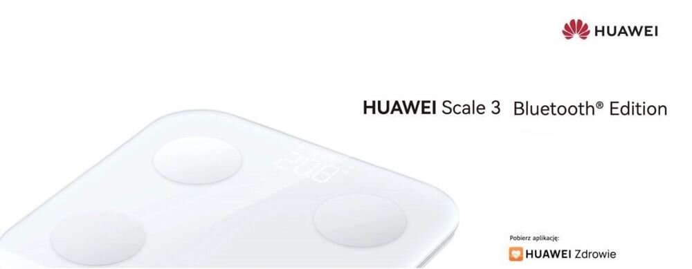 Obraz przedstawia wagę łazienkową z czterema okrągłymi sensorami na białej powierzchni. Widoczny jest tekst: \'HUAWEI Scale 3 Bluetooth Edition\' oraz logo HUAWEI.