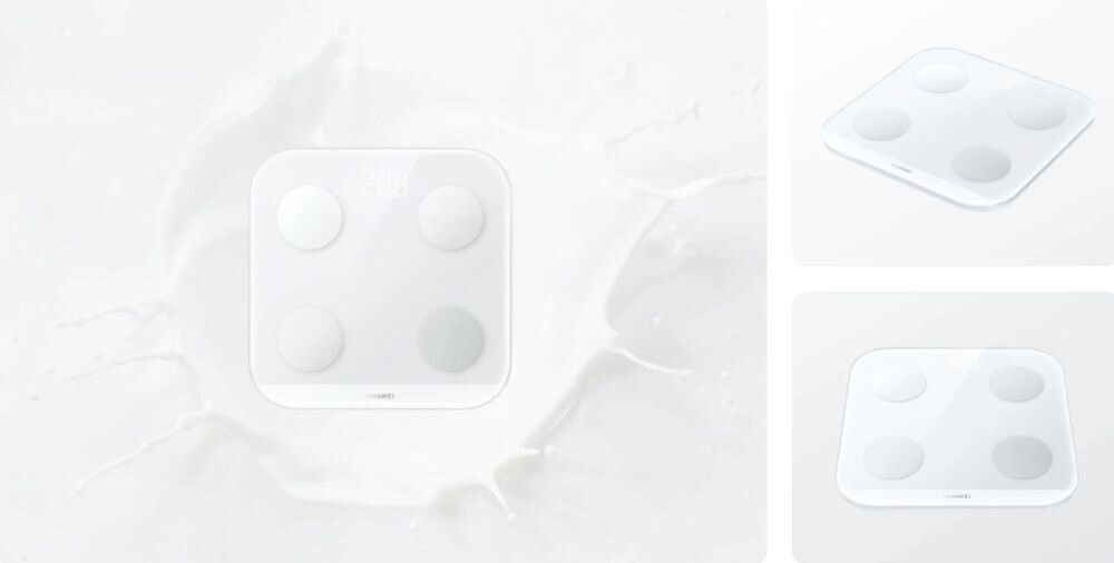 Na obrazie widoczna jest biała waga łazienkowa z czterema okrągłymi sensorami na powierzchni. Na wadze znajduje się logo \'HUAWEI\'.