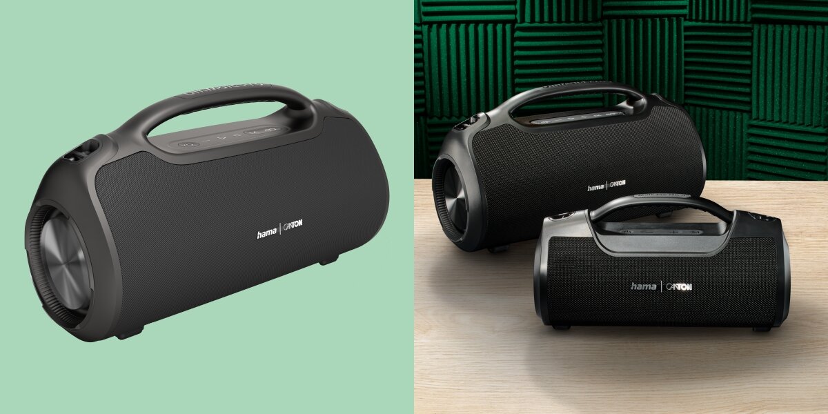 Dwa głośniki Hama Ultimate Pro: jeden pod kątem (widok boczny), a drugi leżący na stole, z piankami akustycznymi w tle, sugerujące wysoką jakość dźwięku.