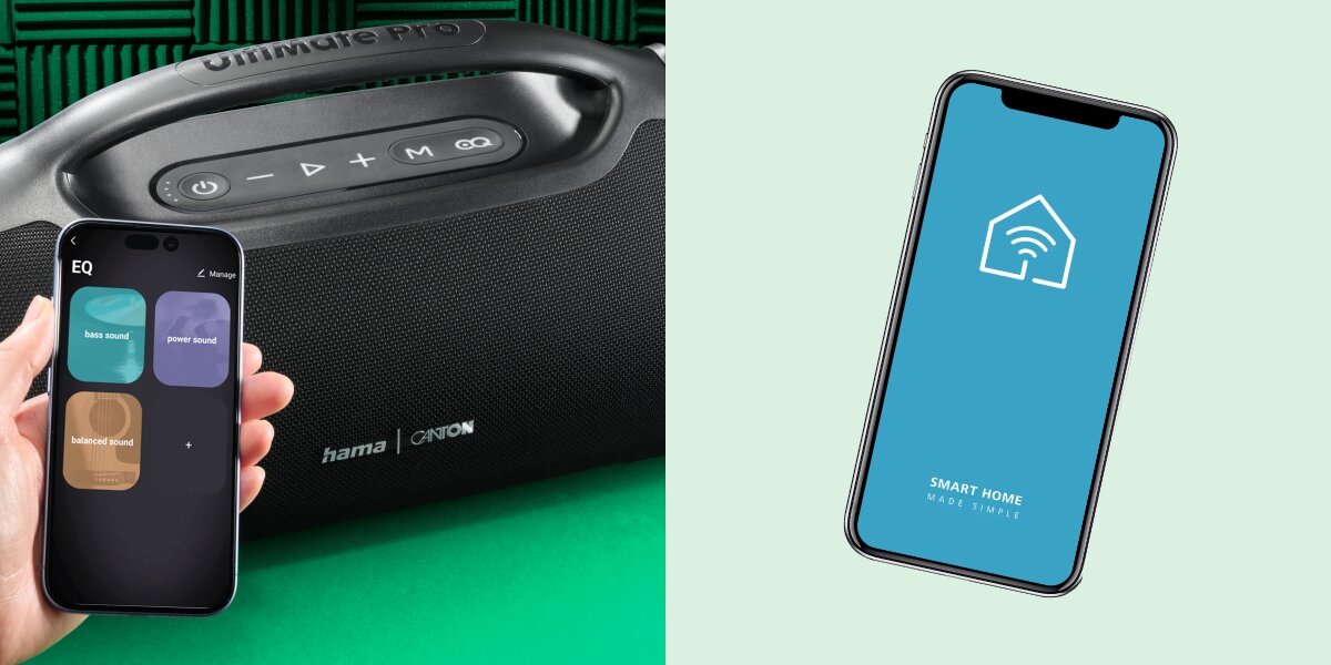 Z lewej strony smartfon wyświetlający aplikację Equalizer (EQ) do regulacji dźwięku (bass, power, balanced sound) dla głośnika, obok którego widoczny jest panel sterowania głośnika. Z prawej smartfon z ikoną Smart Home.