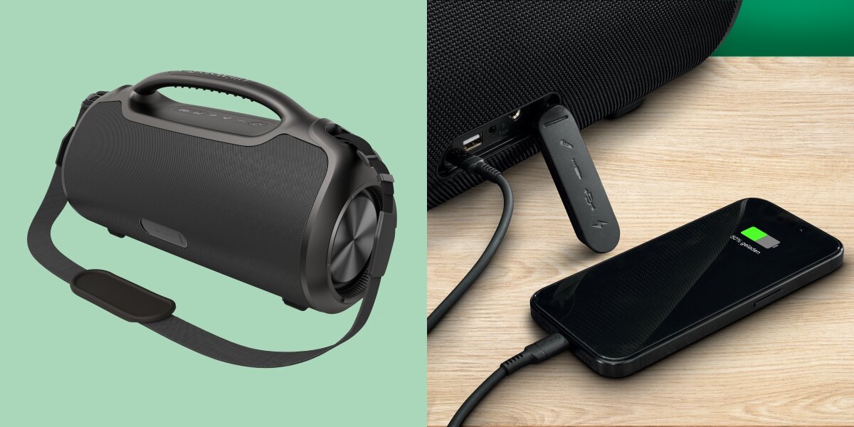 Z lewej strony głośnik Ultimate Pro z odłączanym paskiem na ramię. Z prawej, gniazda z tyłu głośnika (USB, wejście audio) używane do ładowania telefonu, co świadczy o funkcji powerbanku.