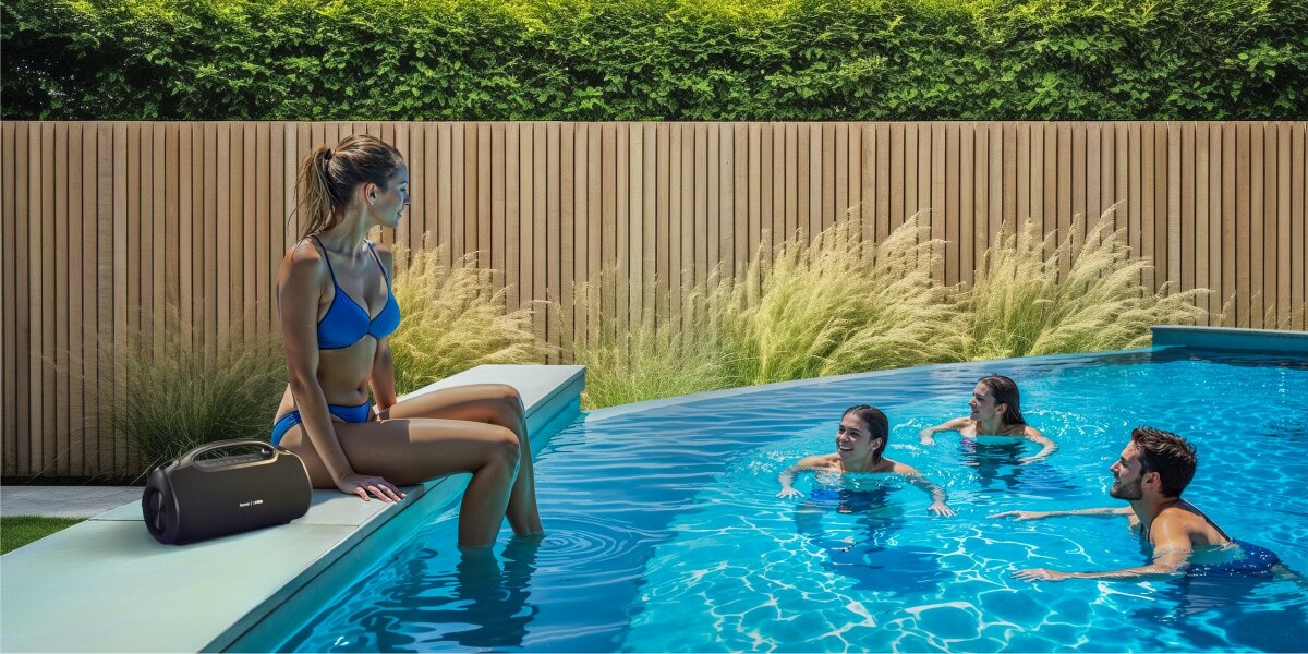 Głośnik bezprzewodowy Ultimate Pro umieszczony przy basenie, obok siedzącej kobiety i kąpiących się osób, co sugeruje wodoodporność (IPX).