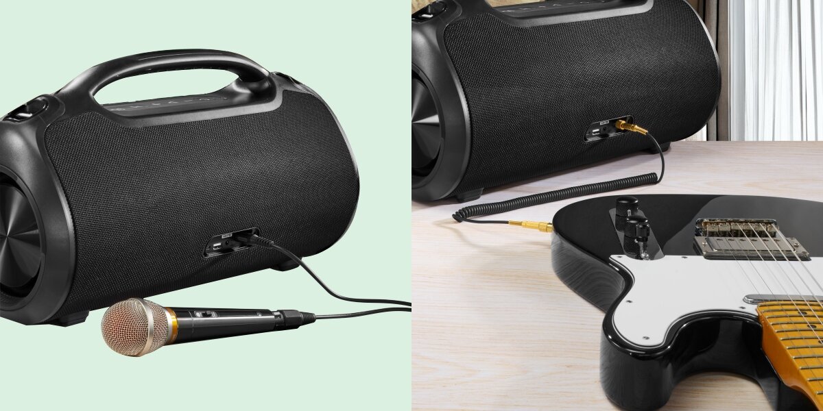Zbliżenie na funkcje Party: z lewej strony podłączony mikrofon do karaoke, z prawej podłączona gitara elektryczna (funkcja Line-In/AUX).