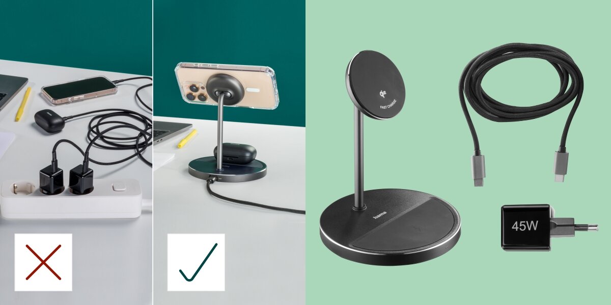 Ładowarka indukcyjna HAMA Qi2 Stand 2w1 15W - Bezpieczeństwo i trwałość, metalowa obudowa z aluminiowymi krawędziami, ładowarka indukcyjna, kostka do ładowania, kabel USB-C