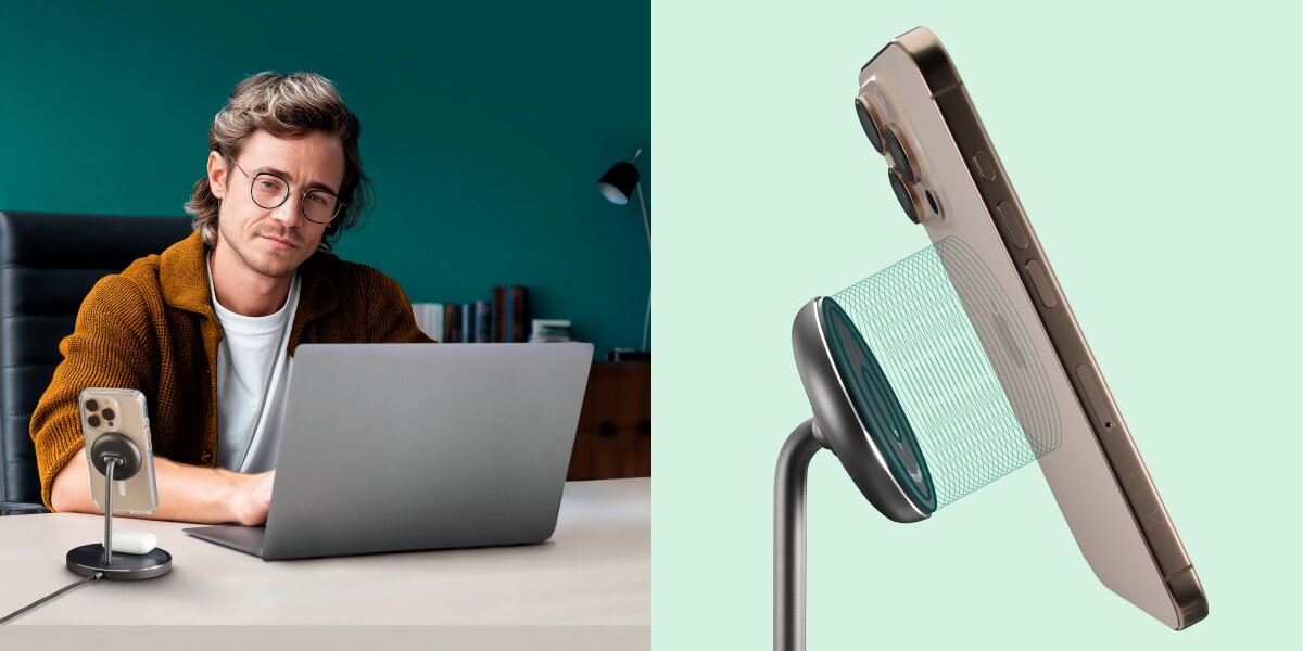 Ładowarka indukcyjna HAMA Qi2 Stand 2w1 15W - Dopasowana do każdego wnętrza, wskaźnik LED, osoba pracująca na laptopie, ładowarka indkucyjna stojąca obok laptopa