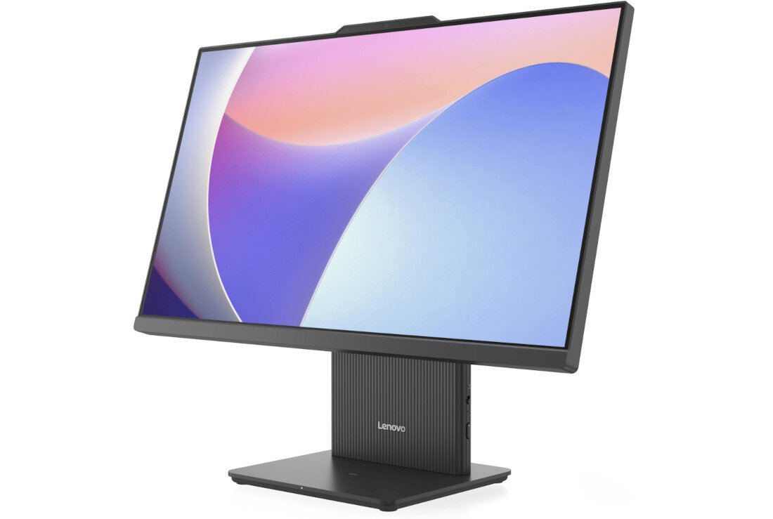 Monitor komputera LENOVO IdeaCentre 3 wyświetlający kolorowy gradient z symbolem Wi-Fi 6 i falami radiowymi na fioletowo-niebieskim tle - Wi-Fi 6