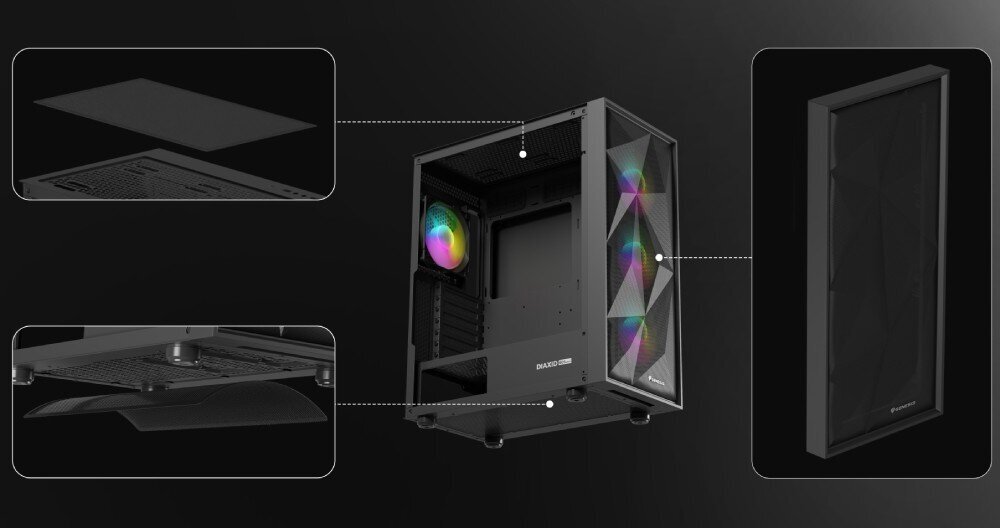 Komputer MAD DOG DIAXID605-I10DR32 i5-13400F 32GB RAM 1TB SSD GeForce RTX4060 DLSS 3 Wi-Fi stylowa obudowa GENESIS Diaxid 605F ARGB wyposażona w cztery wentylatory GENESIS Oxal 120 z podświetleniem RGB, boczny panel ze szkła hartowanego, magnetyczne filtry umieszczone na górze i spodzie obudowy, przedni panel mesh,
obudowa ze ściągniętym bocznym panelem na czarnym tle, 3 prostokąty ze zbliżeniem na filtry u góry, na spodzie oraz frontowy panel z siatą mesh