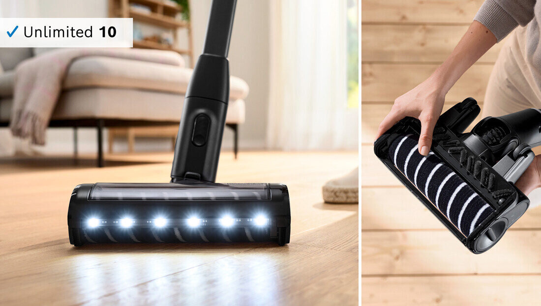Odkurzacz BOSCH Unlimited 10 ProPower BCS1051POW delikatne czyszczenie wrażliwe twarde podłogi Elektroszczotka Hard Floor Soft Brush parkiety płytki zarysowania oświetlenie LED miękki wałek ochrona rysy czyszczenie mycie