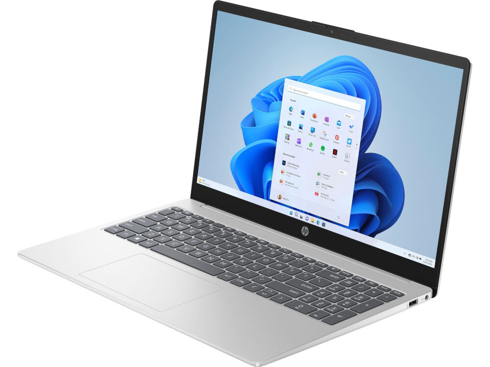 Otwarty laptop HP 15-FD1222NW z widocznym interfejsem Windows 11 – Wi-Fi 6E Bluetooth 5.3 kamera HP True Vision 720p HD zaślepka prywatności