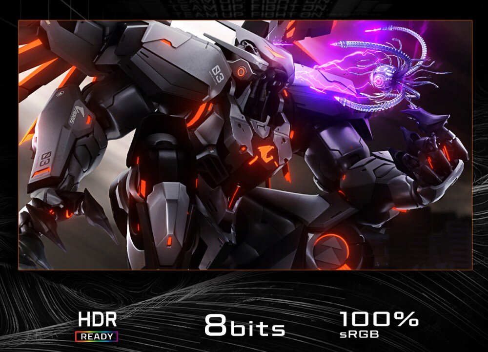 Monitor GIGABYTE GS27QA EU Grafika z robotem w dynamicznej pozie, z efektami świetlnymi, z podpisami informującymi o HDR Ready, 8-bitowej głębi kolorów i 100% pokryciu sRGB, rozdzielczość, przekątna, matryca, kolory, HDR