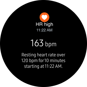 Ekran smartwatcha pokazuje tętno 163 bpm z informacją o wysokim tętnie od 11:22 AM. Widoczny jest także symbol serca z napisem \'HR high\'.
