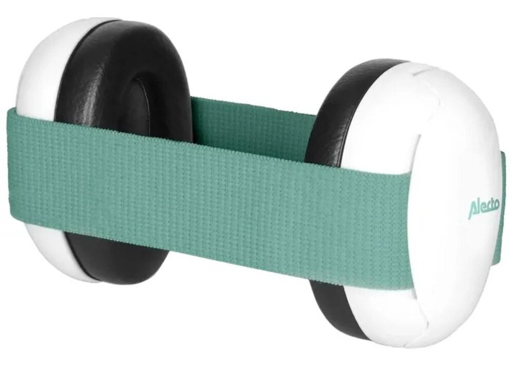 Słuchawki wygłuszające dla niemowląt i małych dzieci ALECTO Baby BV-72 Zielony Dwa rozmiary elastycznych opasek dopasowanie do głowy ochrona hałas wiek budowa głowy