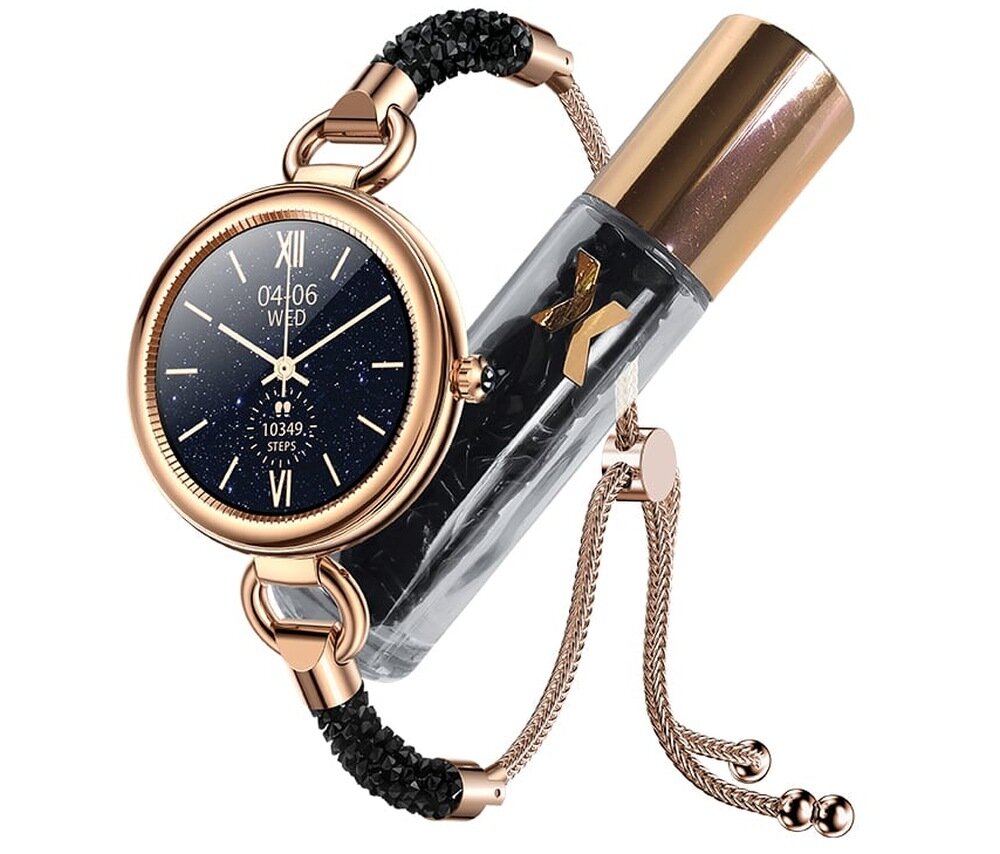 Smartwatch MAXCOM FW51 Crystal Złoty ekran bateria czujniki zdrowie sport pasek ładowanie pojemność rozdzielczość łączność sterowanie krew puls rozmowy smartfon aplikacja