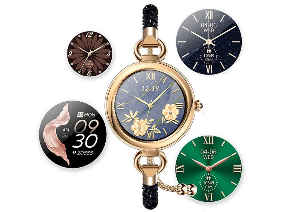 Smartwatch MAXCOM FW51 Crystal Złoty ekran bateria czujniki zdrowie sport pasek ładowanie pojemność rozdzielczość łączność sterowanie krew puls rozmowy smartfon aplikacja