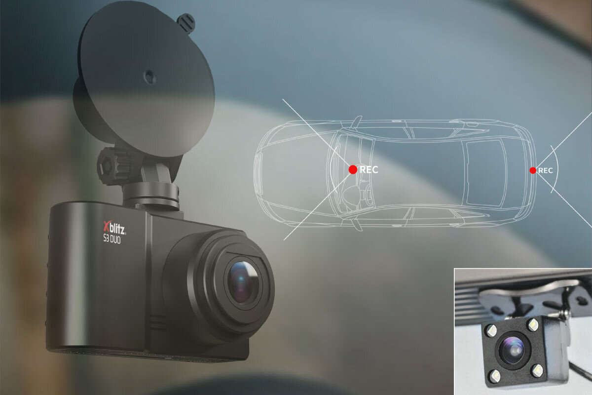 Obraz przedstawia wideorejestrator z logo \'xblitz S3 DUO\' zamontowany na przyssawce. Obok znajduje się schemat samochodu z zaznaczonymi punktami \'REC\'.