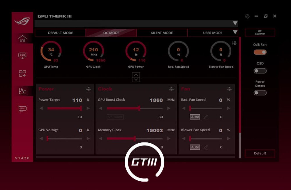 ASUS Prime GeForce RTX 5050 OC Edition 8GB Interfejs oprogramowania GPU Tweak III z czerwono-czarnym motywem, wyświetlające parametry takie jak temperatura GPU 34 stopnie, taktowanie 210 MHz i suwaki regulacji mocy, napięcia oraz kontroli wentylatorów
