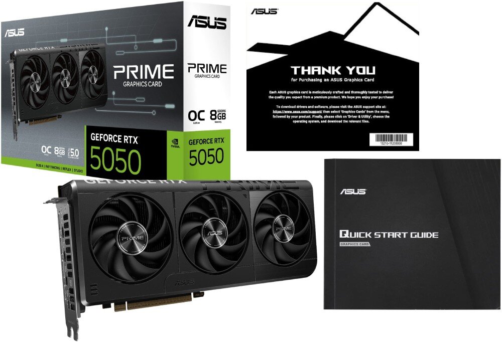 ASUS Prime GeForce RTX 5050 OC Edition 8GB Pudełko karty graficznej z wizerunkiem produktu, logo ASUS Prime oraz oznaczeniami GeForce RTX 5050 OC 8GB, obok instrukcja Quick Start Guide i karta podziękowania