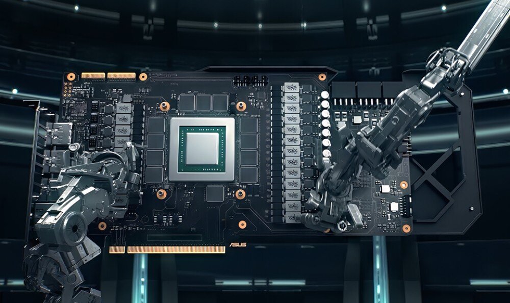 ASUS Prime GeForce RTX 5050 OC Edition 8GB Render karty graficznej przedstawiający układ płytki PCB z centralnie umieszczonym procesorem GPU otoczonym modułami pamięci i układami zasilającymi w futurystycznym stylu graficznym
