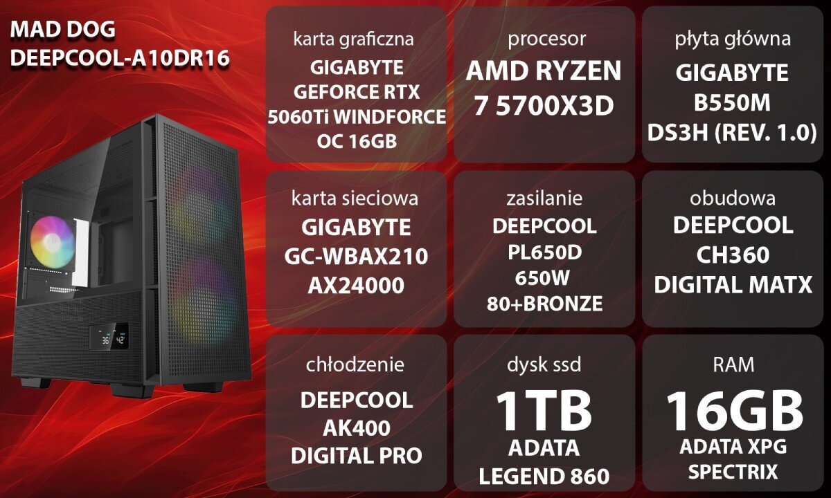 Komputer MAD DOG GeForce RTX5060Ti DLSS 4 Reflex Edition 2 DEEPCOOL-A10DR16 Grafika przedstawiająca specyfikację komputera, z podziałem na podzespoły. W lewej części znajduje się model komputera, a obok niego informacje o podzespołach, opis