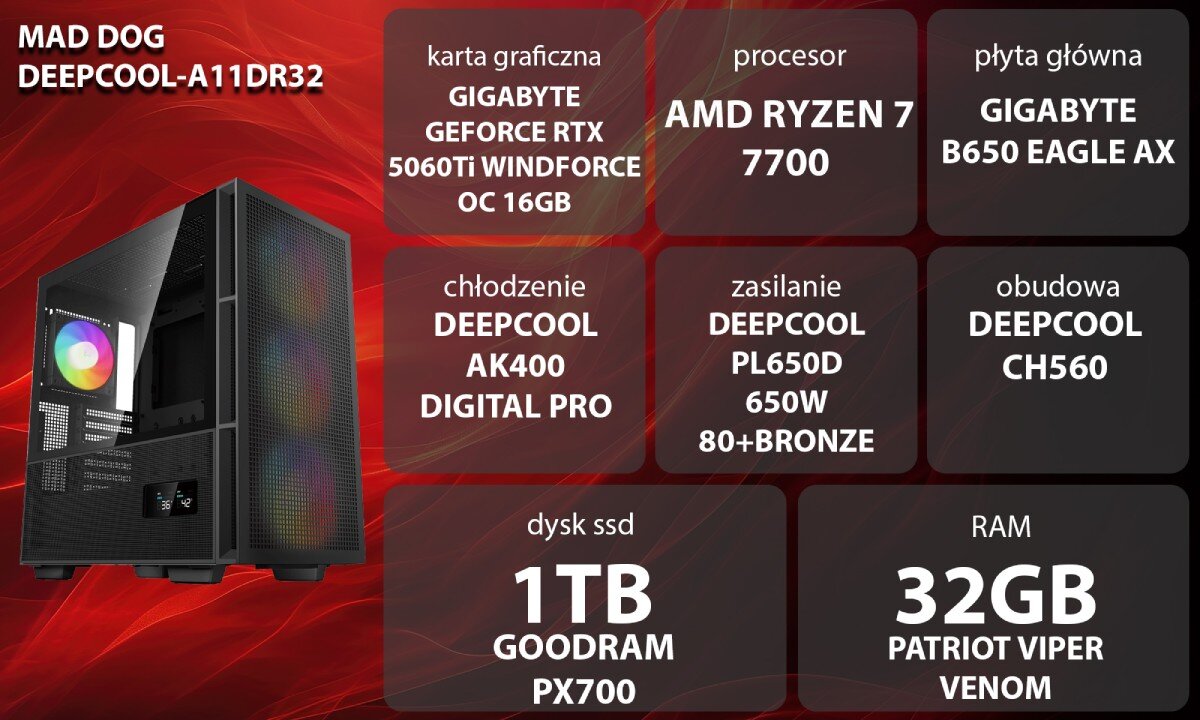 Komputer MAD DOG GeForce RTX5060Ti DLSS 4 Reflex Edition 2 DEEPCOOL-A11DR32 Grafika przedstawiająca specyfikację komputera, z podziałem na podzespoły. W lewej części znajduje się model komputera, a obok niego informacje o podzespołach, opis