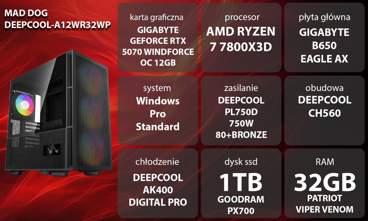 Komputer MAD DOG GeForce RTX5070 DLSS 4 Reflex Edition 2 DEEPCOOL-A12WR32WP Grafika przedstawiająca specyfikację komputera, z podziałem na podzespoły. W lewej części znajduje się model komputera, a obok niego informacje o podzespołach, opis
