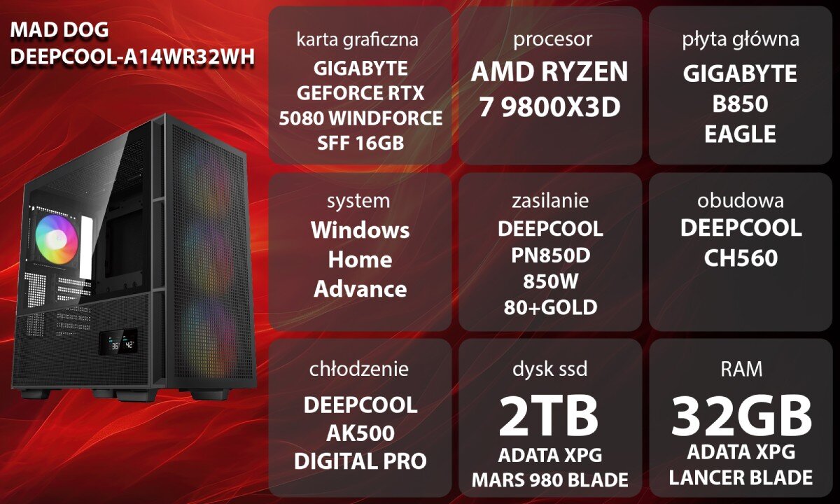 Komputer MAD DOG GeForce RTX5080 DLSS 4 Reflex Edition 2 DEEPCOOL-A14WR32WH Grafika przedstawiająca specyfikację komputera, z podziałem na podzespoły. W lewej części znajduje się model komputera, a obok niego informacje o podzespołach, opis