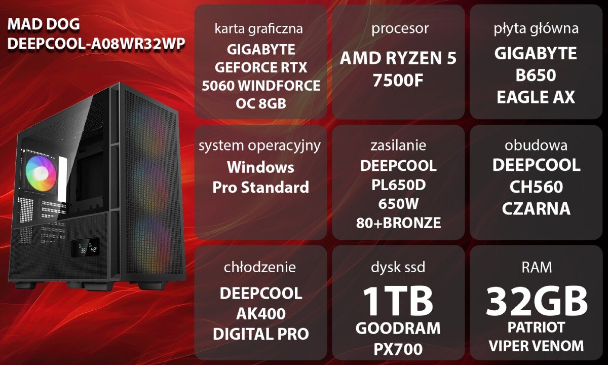 Komputer MAD DOG GeForce RTX5060 DLSS 4 Reflex Edition 2 DEEPCOOL-A08WR32WP Grafika przedstawiająca specyfikację komputera, z podziałem na podzespoły. W lewej części znajduje się model komputera, a obok niego informacje o podzespołach, opis