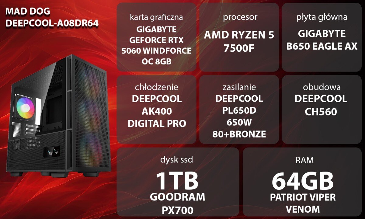 Komputer MAD DOG GeForce RTX5060 DLSS 4 Reflex Edition 2 DEEPCOOL-A08DR64 Grafika przedstawiająca specyfikację komputera, z podziałem na podzespoły. W lewej części znajduje się model komputera, a obok niego informacje o podzespołach, opis