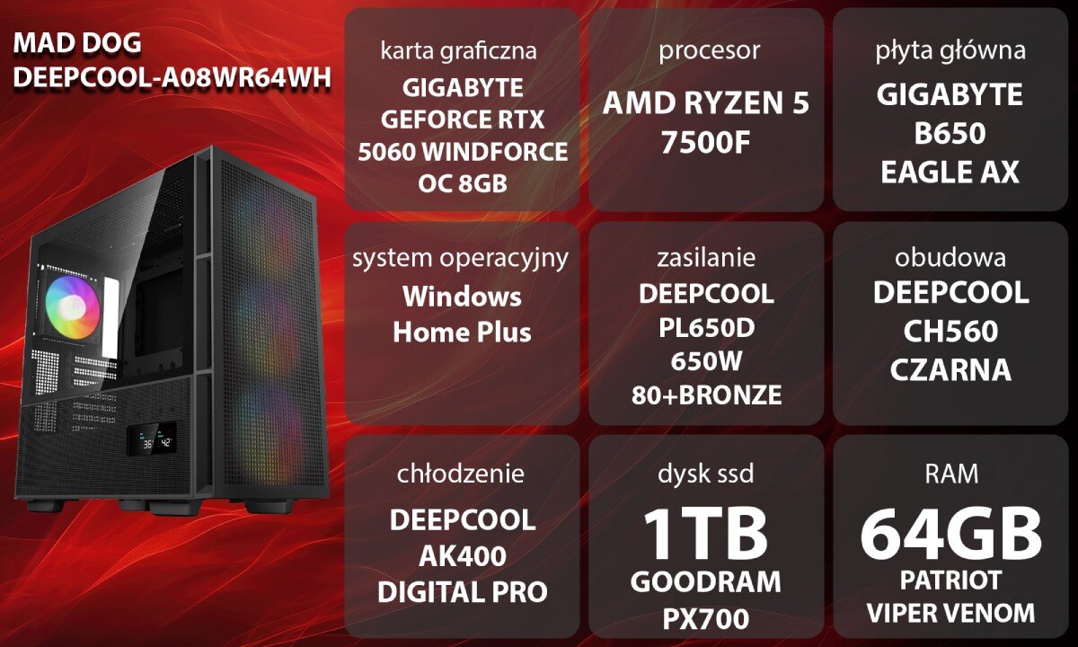 Komputer MAD DOG GeForce RTX5060 DLSS 4 Reflex Edition 2 DEEPCOOL-A08WR64WH Grafika przedstawiająca specyfikację komputera, z podziałem na podzespoły. W lewej części znajduje się model komputera, a obok niego informacje o podzespołach, opis