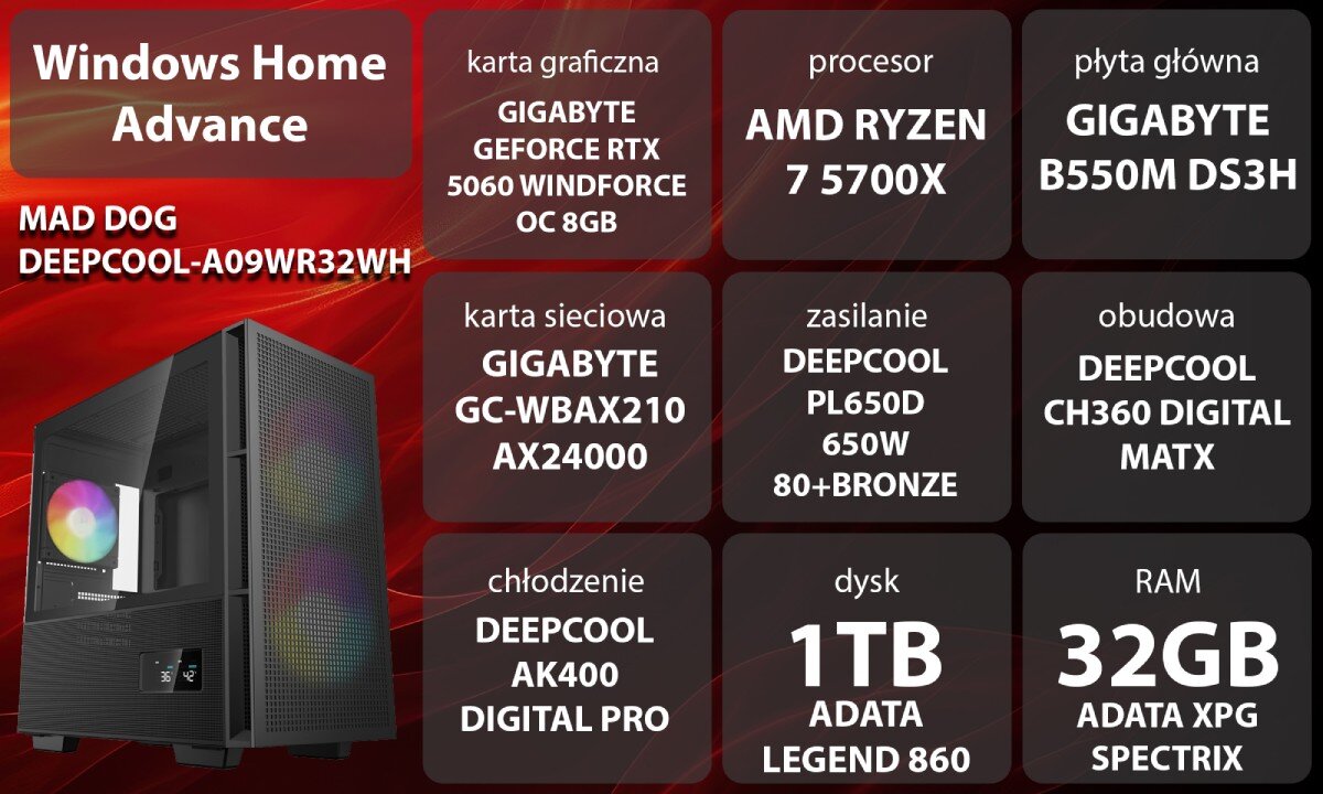 Komputer MAD DOG GeForce RTX5060 DLSS 4 Reflex Edition 2 DEEPCOOL-A09WR32WH Grafika przedstawiająca specyfikację komputera, z podziałem na podzespoły. W lewej części znajduje się model komputera, a obok niego informacje o podzespołach, opis