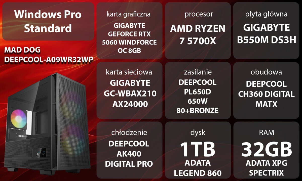 Komputer MAD DOG GeForce RTX5060 DLSS 4 Reflex Edition 2 DEEPCOOL-A09WR32WP Grafika przedstawiająca specyfikację komputera, z podziałem na podzespoły. W lewej części znajduje się model komputera, a obok niego informacje o podzespołach, opis
