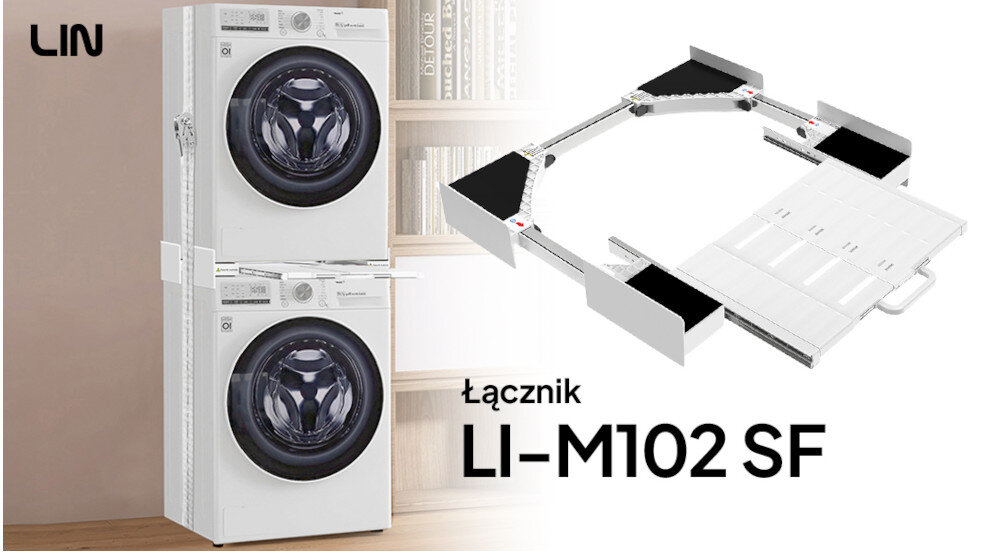 ŁĄCZNIK UNIWERSALNY LIN LI-M102SF zdjęcie lifestyle pralka suszarka dwa urządzenia ustawione na sobie regał ręczniki książki dekoracje łącznik zdjęcie produktowe