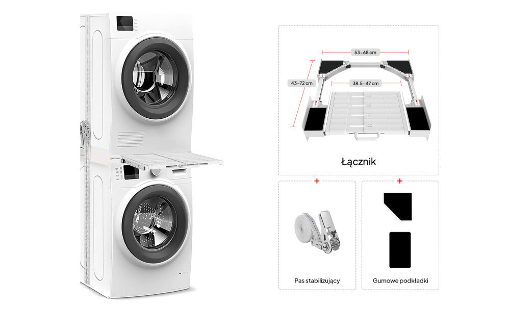 ŁĄCZNIK UNIWERSALNY LIN LI-M102SF dwa urządzenia jedno na drugim pralka suszarka łącznik wymiary 53-68cm x 43-72cm elementy zestawu