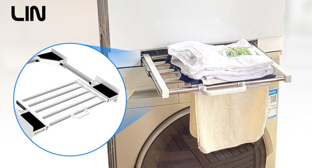Łącznik LIN LI-M102SF zdjęcie lifestyle zbliżenie drążki funkcja suszarki suszenie demontaż półka ubrania ręczniki urządzenie AGD pralka suszarka łącznik półka 2w1 praktyczna suszarka drobne rzeczy komfort wygoda