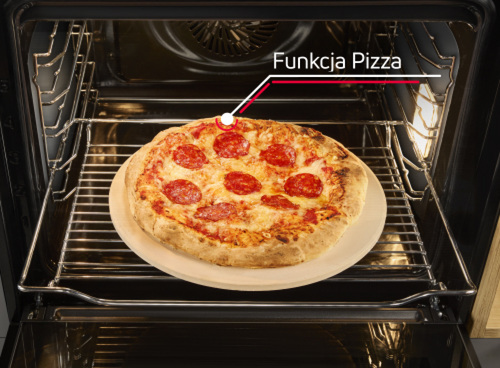Wnętrze piekarnika z widoczną pizzą na ruszcie. Obok pizzy znajduje się napis \'Funkcja Pizza\'.