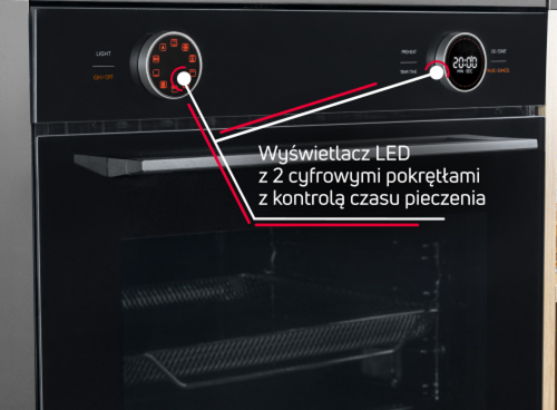 Czarny piekarnik z dwoma cyfrowymi pokrętłami i wyświetlaczem LED. Na obrazie widoczny jest tekst: \'Wyświetlacz LED z 2 cyfrowymi pokrętłami z kontrolą czasu pieczenia\'.