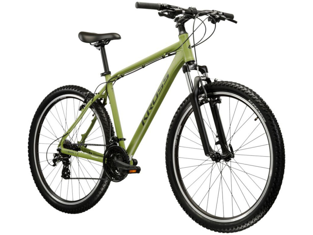 Rower górski MTB KROSS Berg 1.0 M19 27.5 cala męski Khaki rower na białym tle widoczny od przodu pod skosem środek codziennego transportu relaks pasja uniwersalność