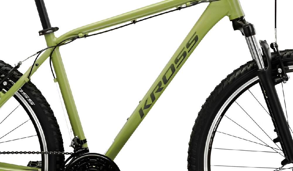 Rower górski MTB KROSS Berg 1.0 M19 27.5 cala męski Khaki zbliżenie na ramę i gwinty antypoślizgowy materiał pewny chwyt specjalne gwinty możliwość przymocowania uchwytu na bidon